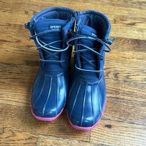 Sperry duck boots Sz 3 in blue and pink. Great condition with little wear